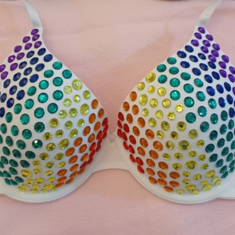 36B Gay Pride Rainbow White Bra with Rhinestones